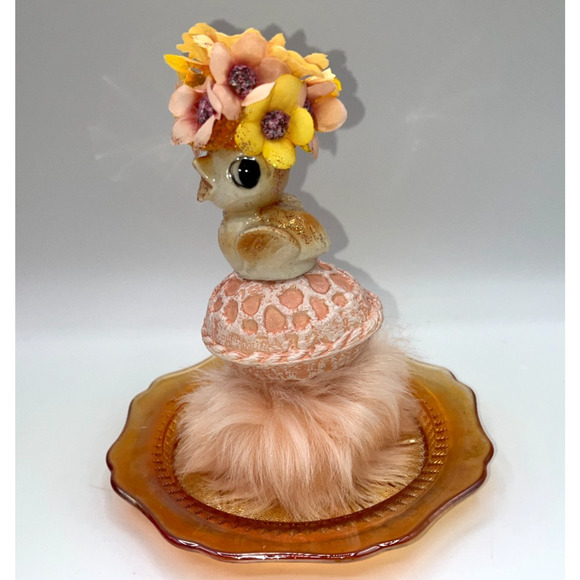 Vintage Mini Ceramic Chick Flower Hat Faux Fur Orange Carnival Glass Plate OOAK - Picture 14 of 16